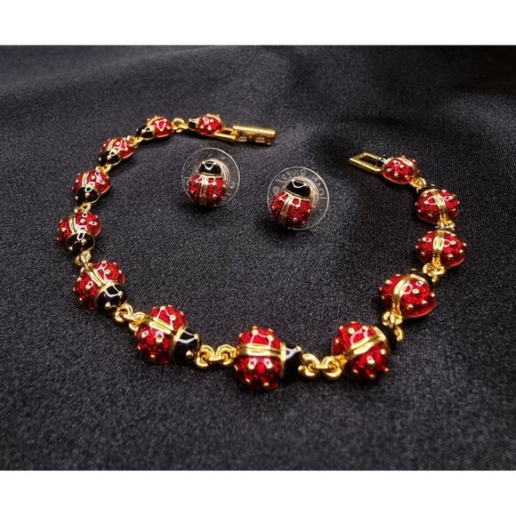 Vintage Joan Rivers Signed Ladybug Bracelet & Earrings Set Classic - Picture 3 of 6